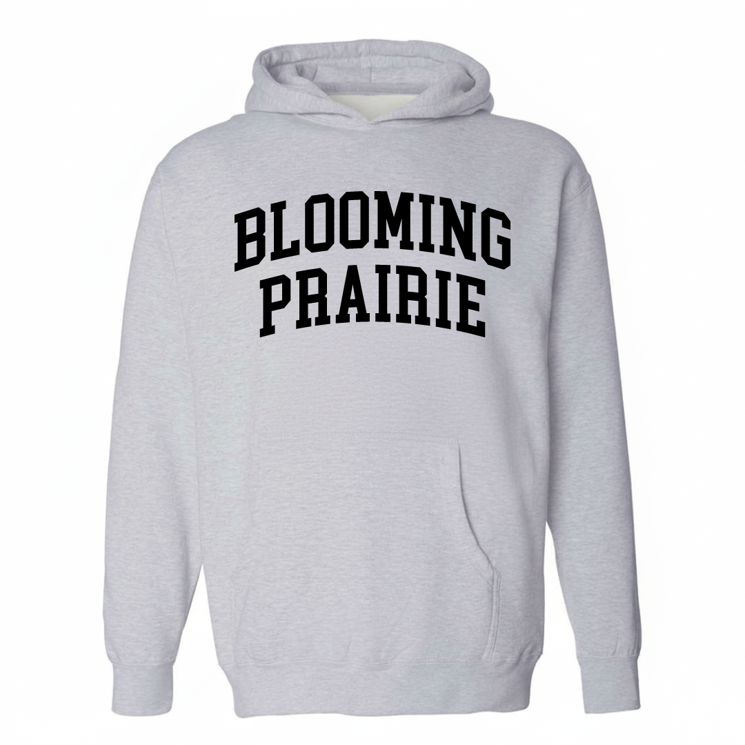 Heather-gray hoodie with the Blooming Prairie varsity arched lettering design on the chest.