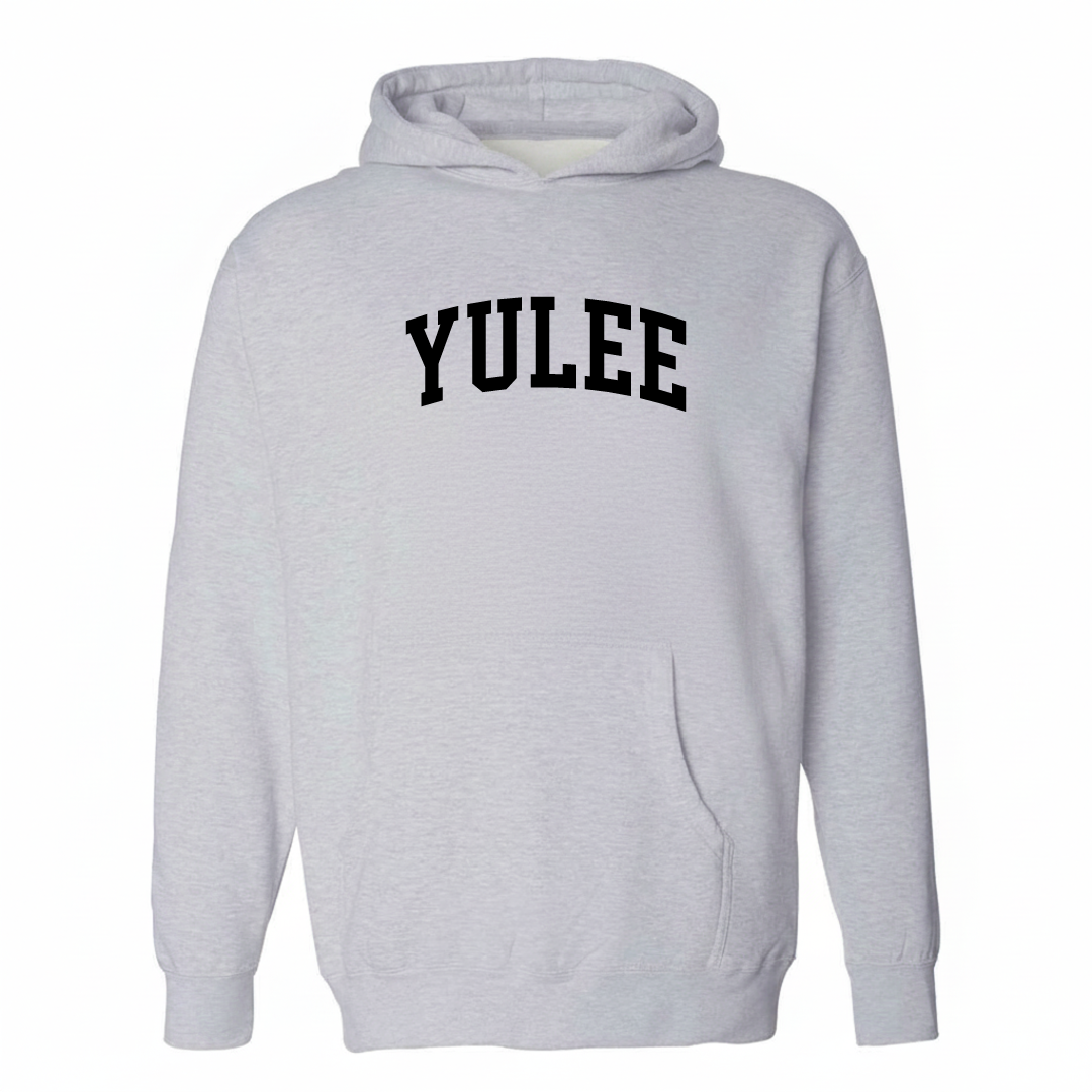 Heather-gray hoodie with the Yulee arched varsity lettering design on the chest.