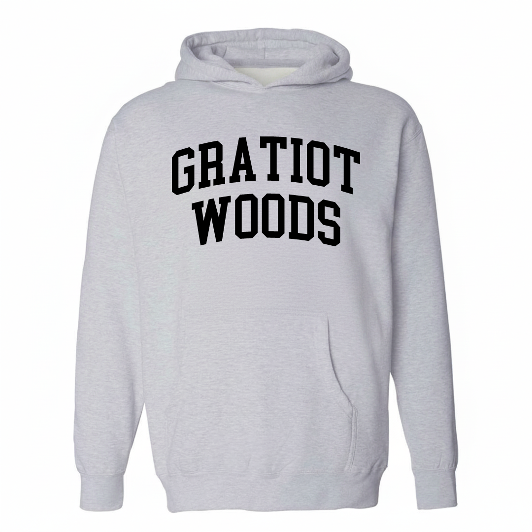 Heather-gray hoodie with the Gratiot Woods arched lettering design on the chest.