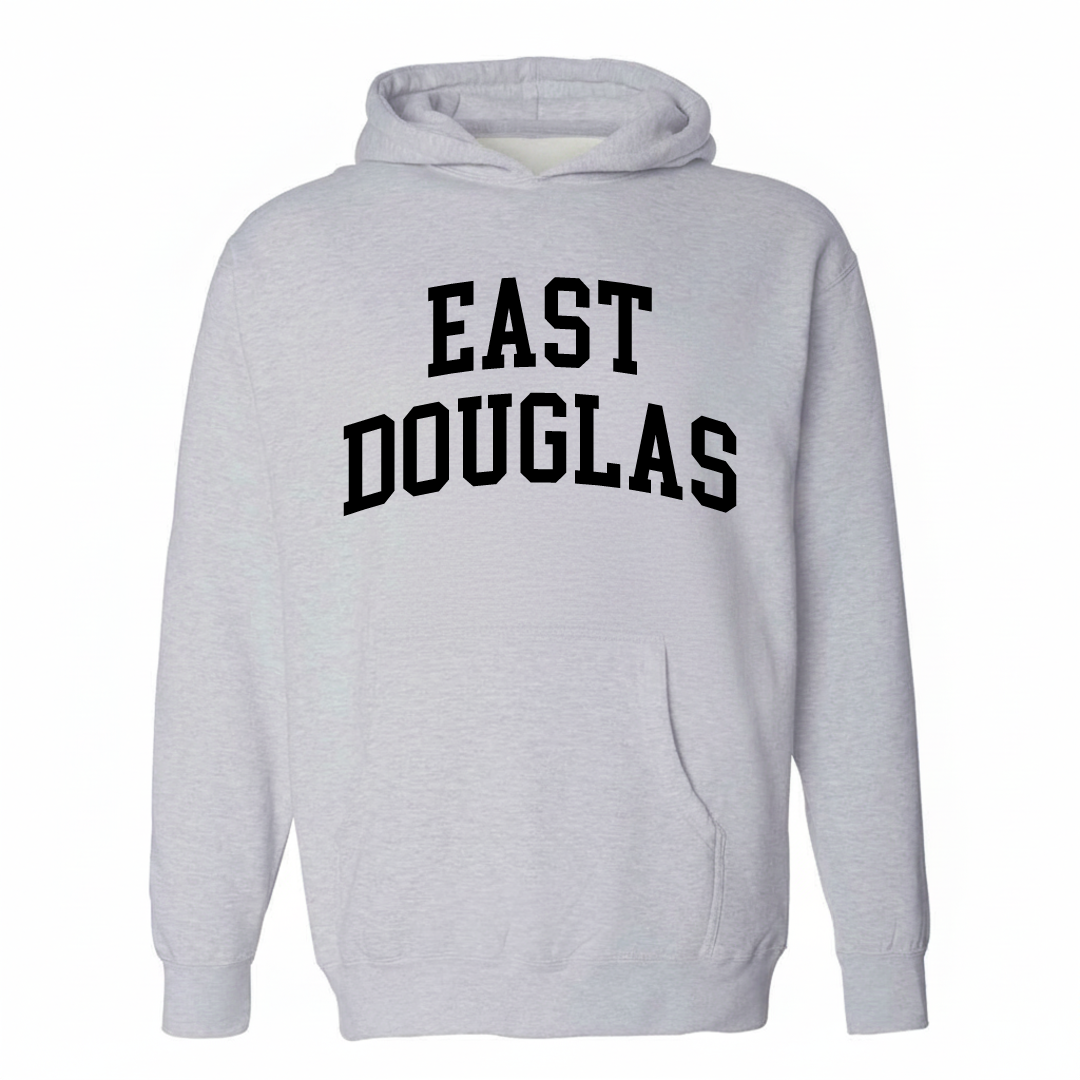 Heather-gray hoodie with the East Douglas varsity arched lettering design on the chest.