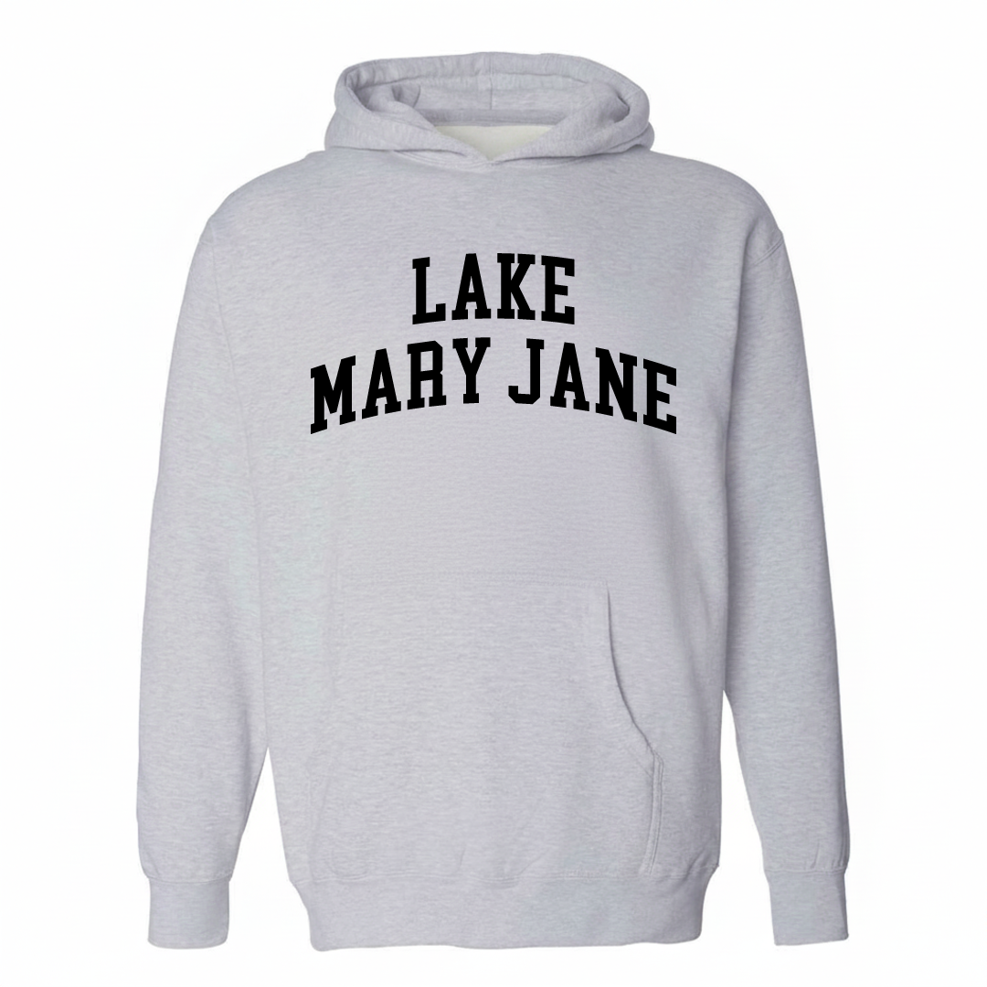 Heather-gray hoodie with the Lake Mary Jane varsity arched lettering design on the chest.