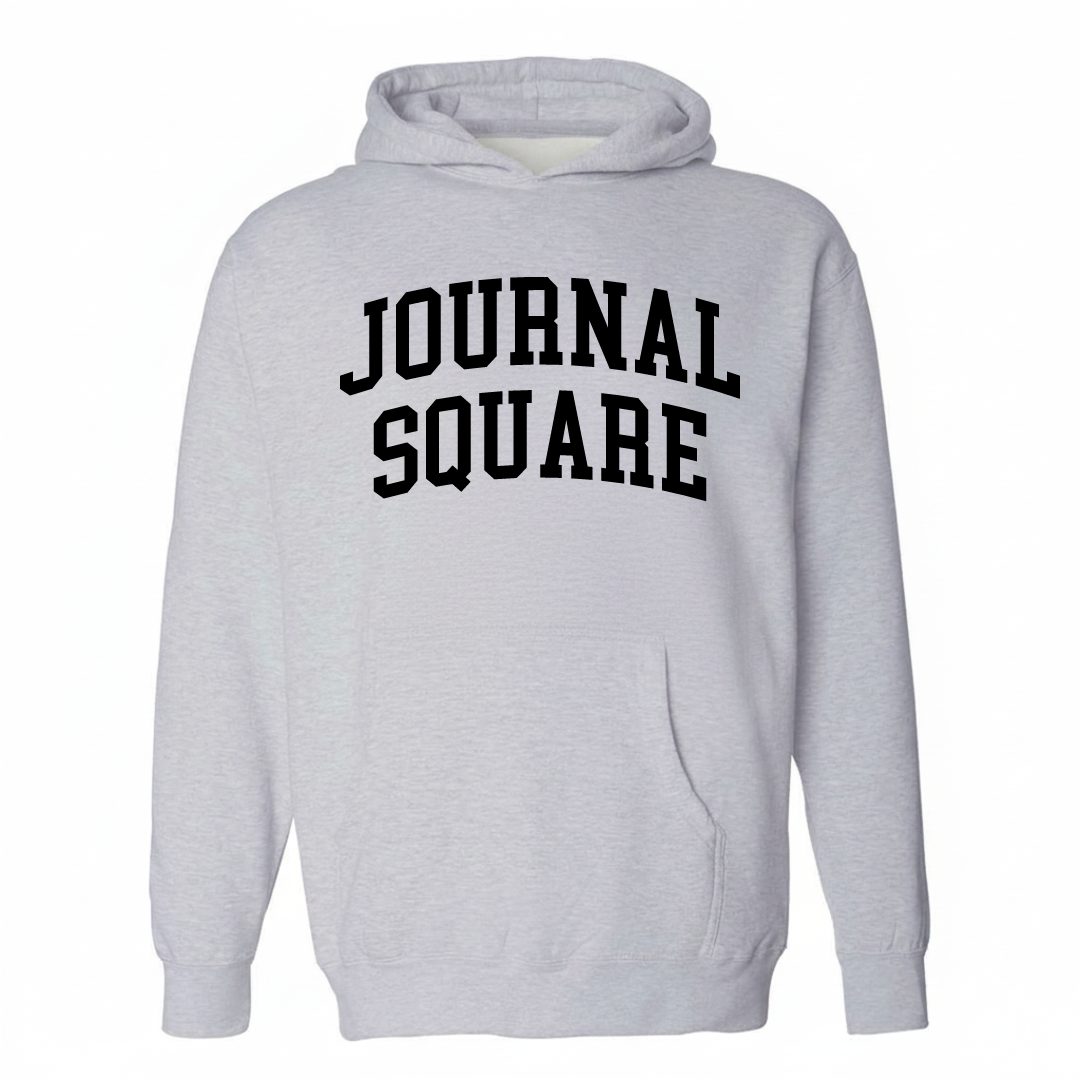 Heather-gray hoodie with the Journal Square varsity arched lettering design on the chest.