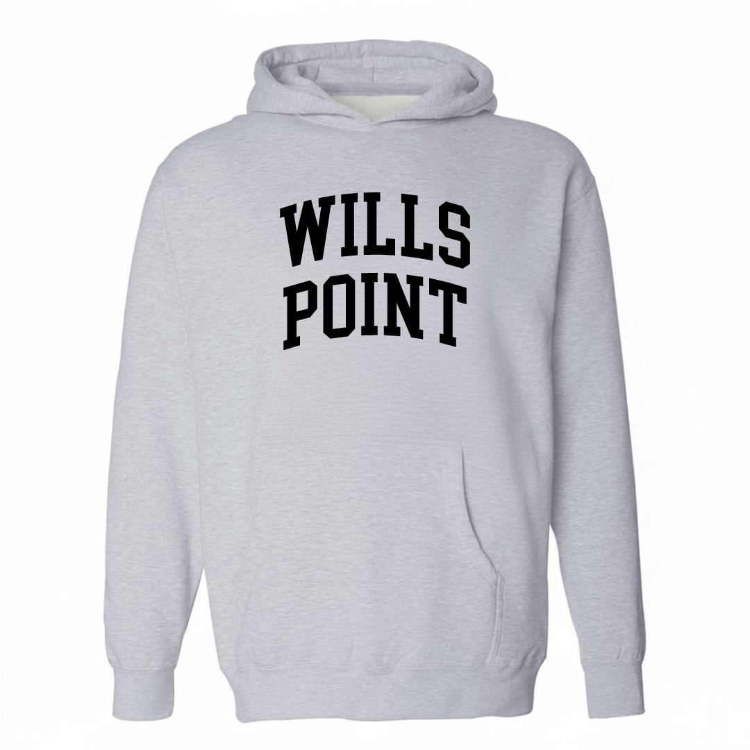 Heather-gray hoodie with the Wills Point varsity arched lettering design on the chest.