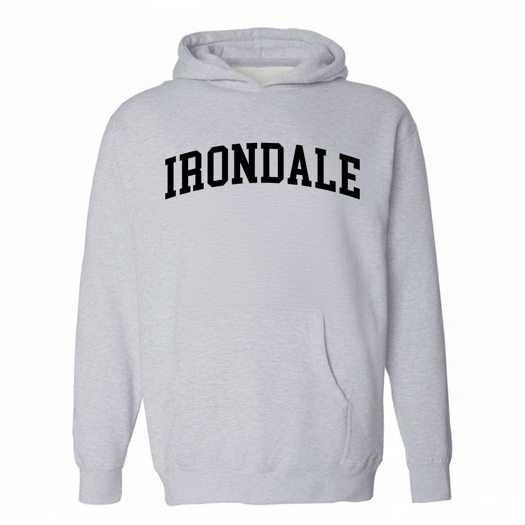 Heather-gray hoodie with the Irondale varsity arched lettering design on the chest.