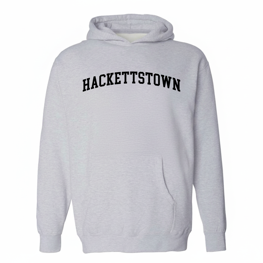 Heather-gray hoodie with the Hackettstown varsity arched lettering design on the chest.