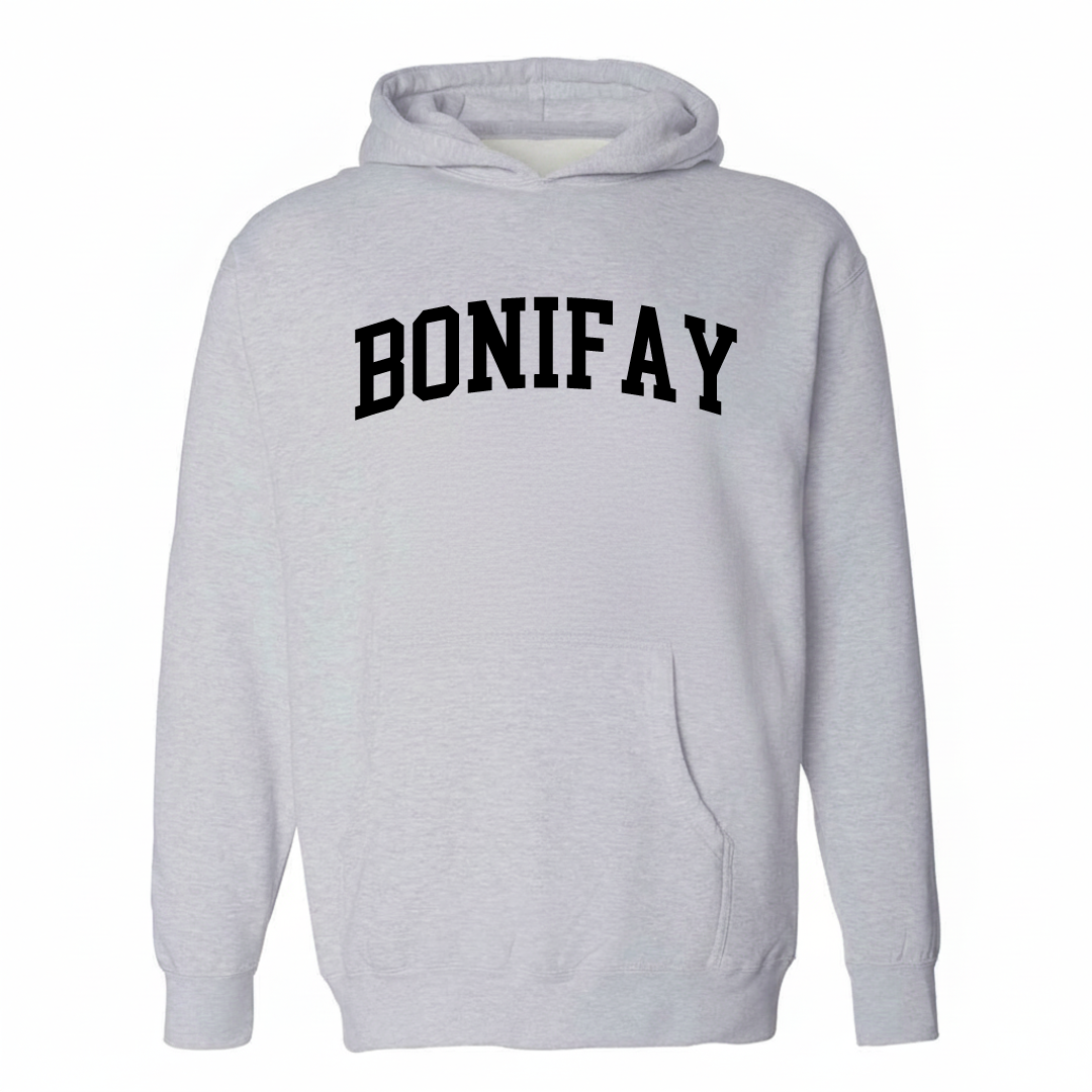 Heather-gray hoodie with the Bonifay arched varsity lettering design on the chest.