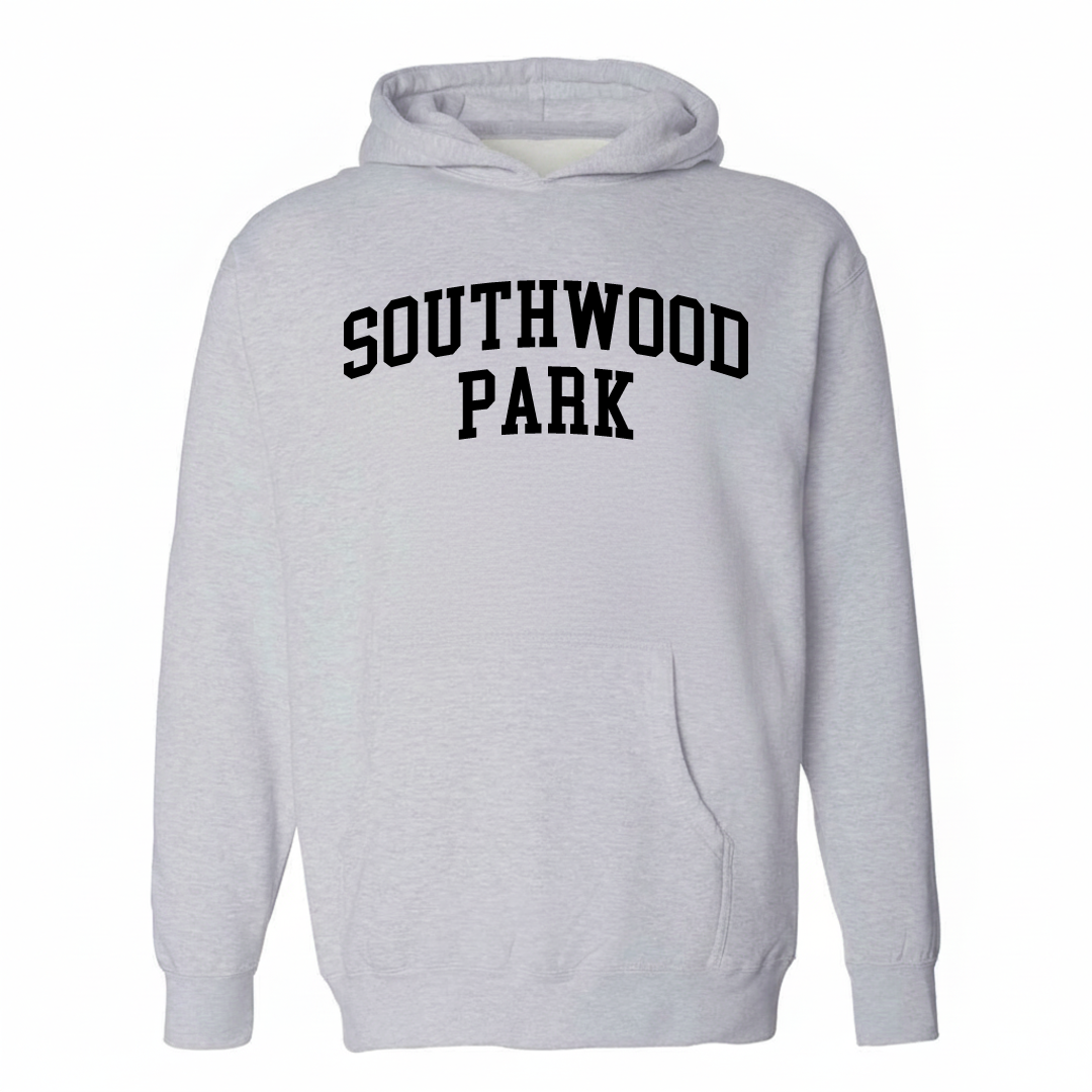 Heather-gray hoodie with the Southwood Park arched lettering design on the chest.