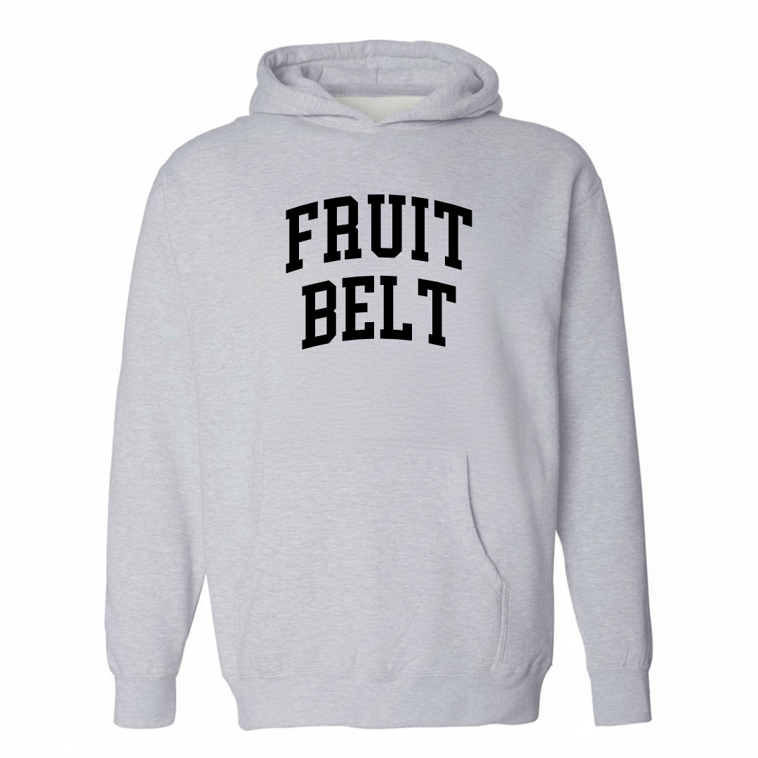Heather-gray hoodie with the Fruit Belt varsity arched lettering design on the chest.