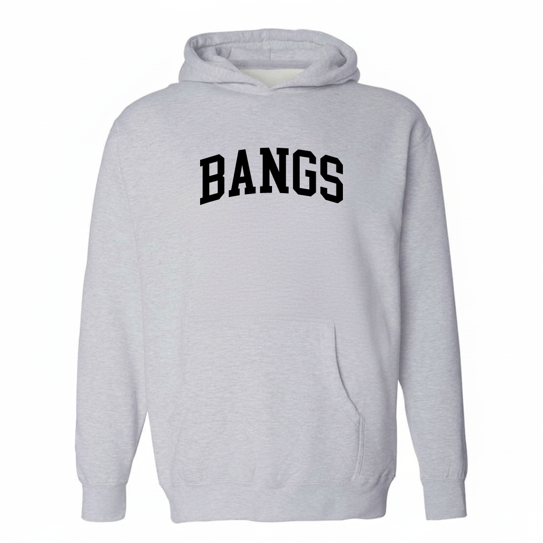 Heather-gray hoodie with the Bangs, Texas varsity arched lettering design on the chest.