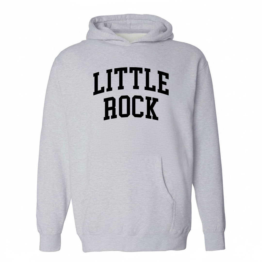 Heather-gray hoodie with the Little Rock varsity arched lettering design on the chest.