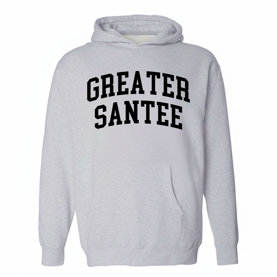 Heather-gray hoodie with the Greater Santee arched varsity lettering design on the chest.