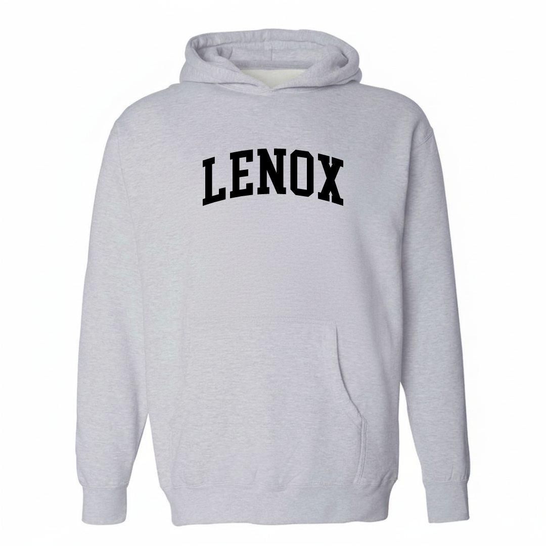 Heather-gray hoodie with the Lenox arched varsity lettering design on the chest.