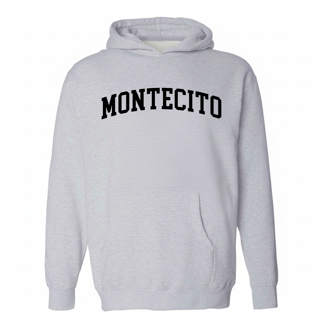 Heather-gray hoodie with the Montecito varsity arched lettering design on the chest.