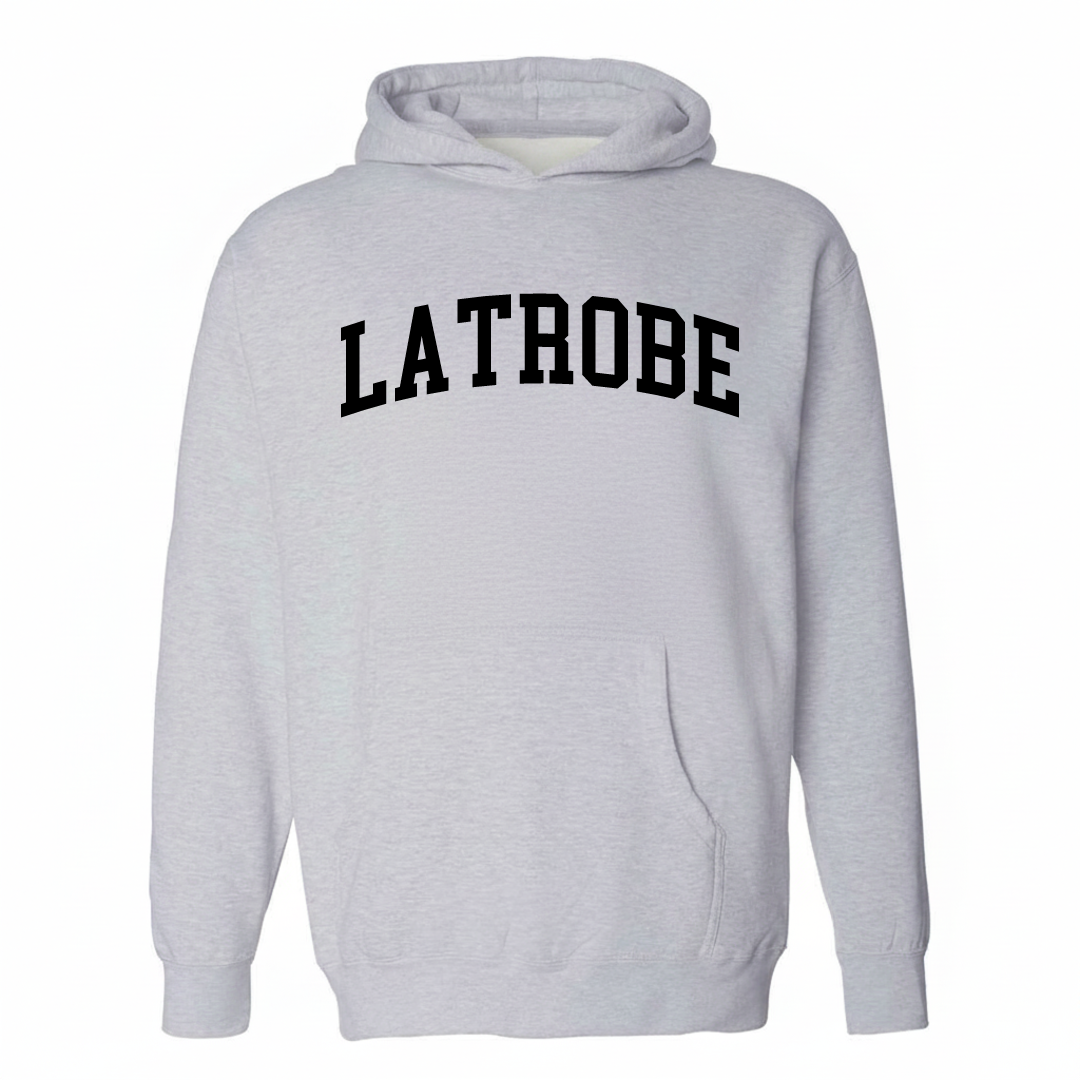 Heather-gray hoodie with the Latrobe varsity arched lettering design on the chest.