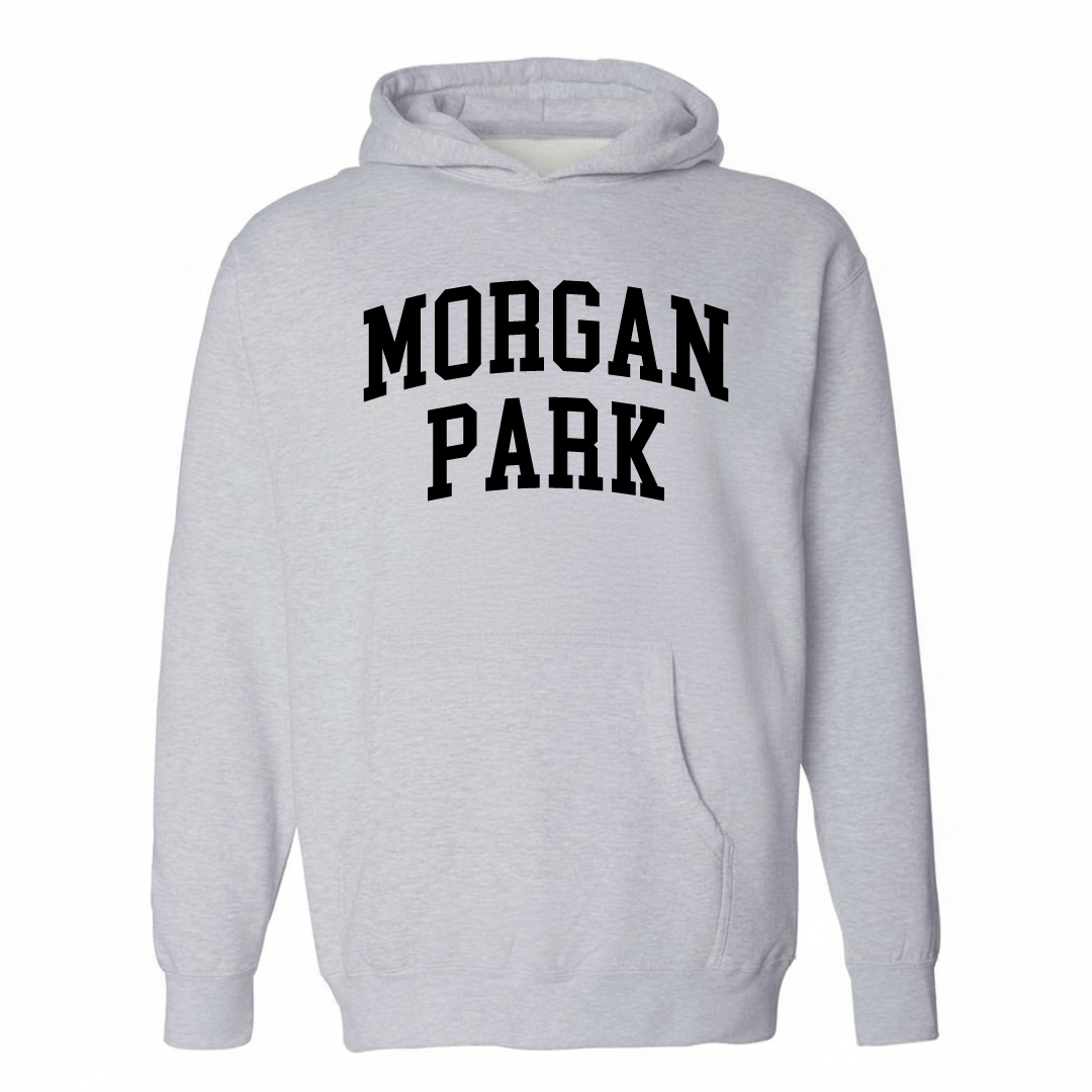 Heather-gray hoodie with the Morgan Park arched lettering varsity-collegiate design on the chest.