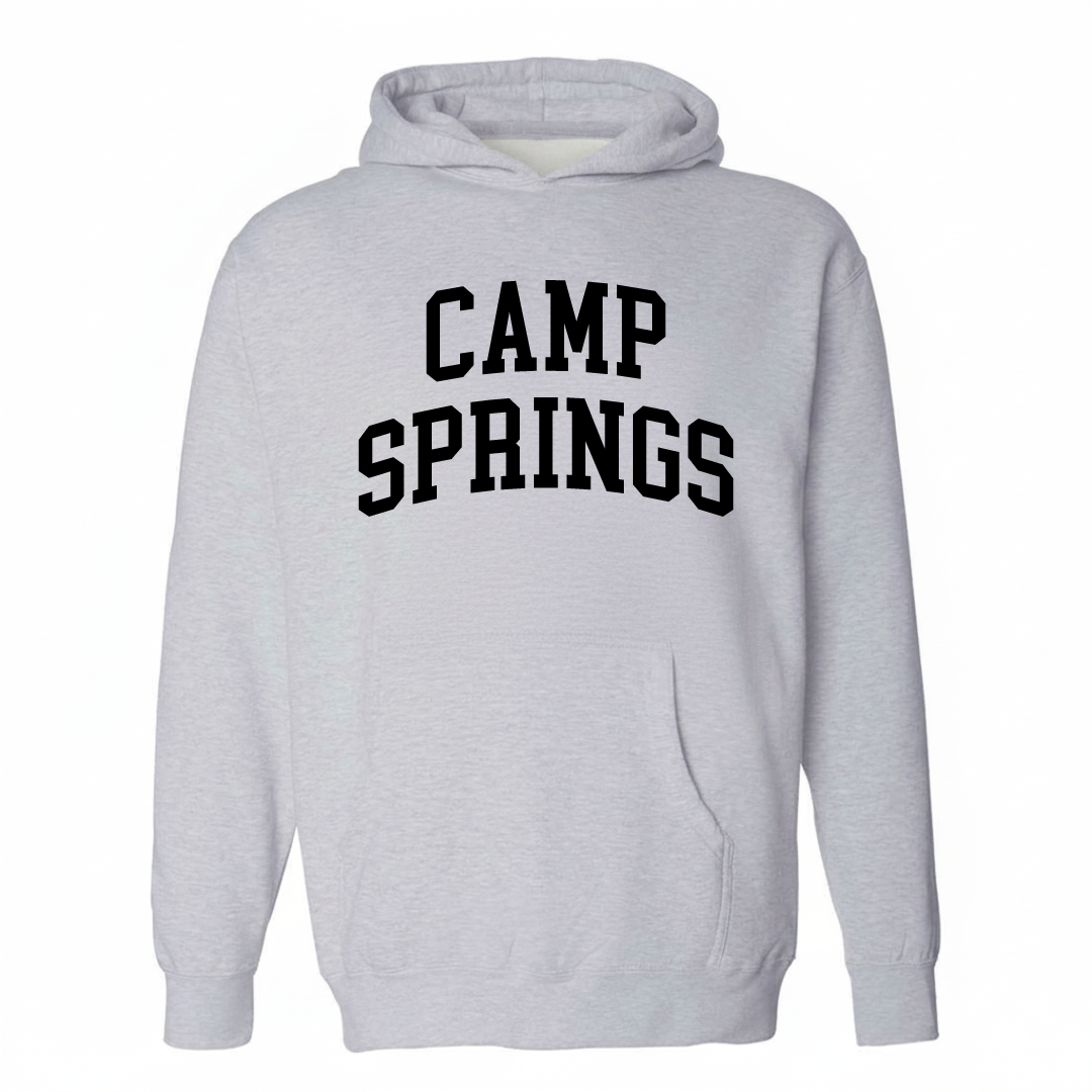 Heather-gray hoodie with the Camp Springs arched lettering design on the chest.