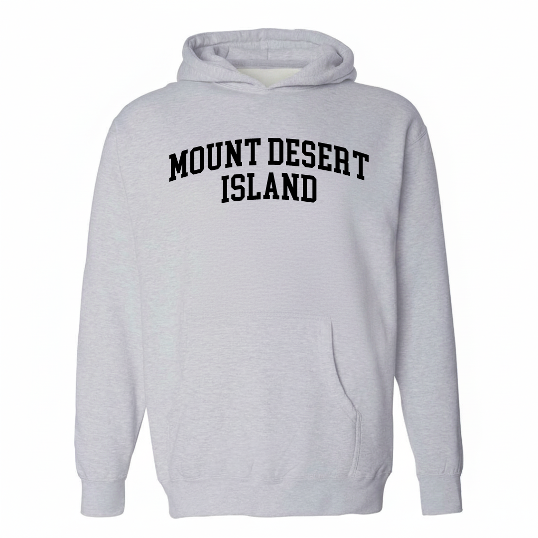 Heather-gray hoodie with the Mount Desert Island varsity arched lettering design on the chest.