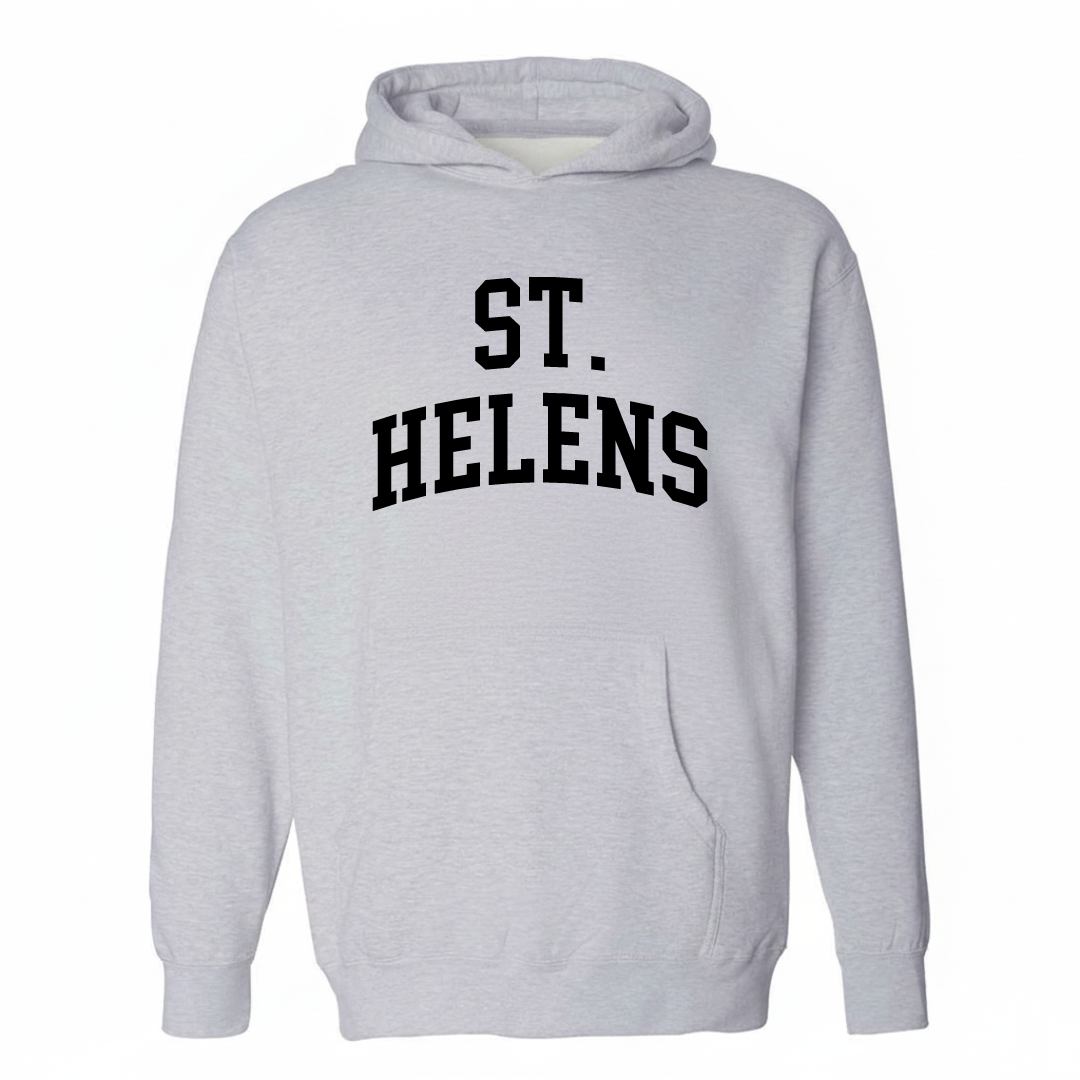 Heather-gray hoodie with the St. Helens varsity arched lettering design on the chest.