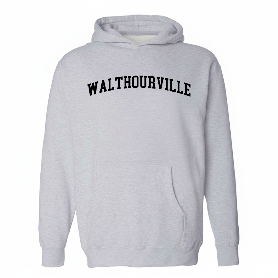 Heather-gray hoodie with the Walthourville varsity arched lettering design on the chest.