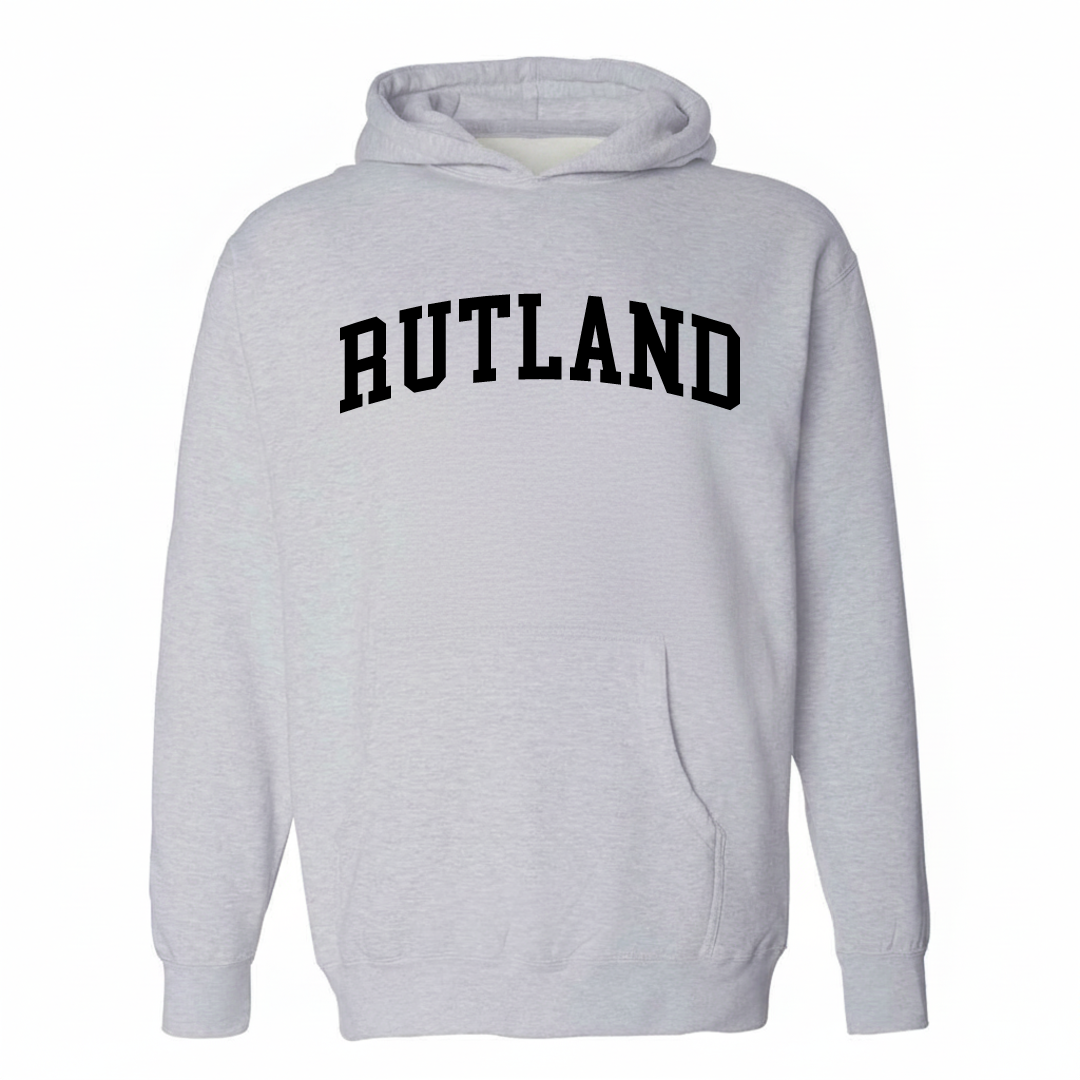 Heather-gray hoodie with the Rutland varsity arched lettering design on the chest.