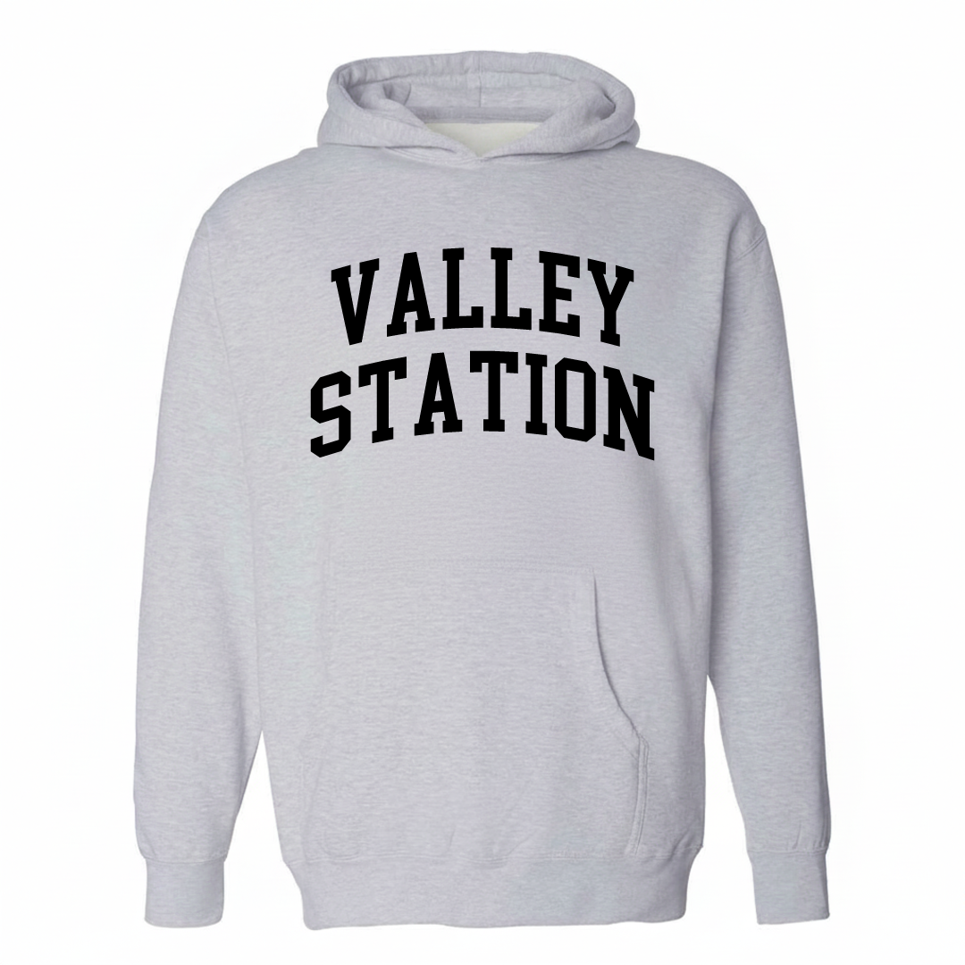 Heather-gray hoodie with the Valley Station varsity arched lettering design on the chest.