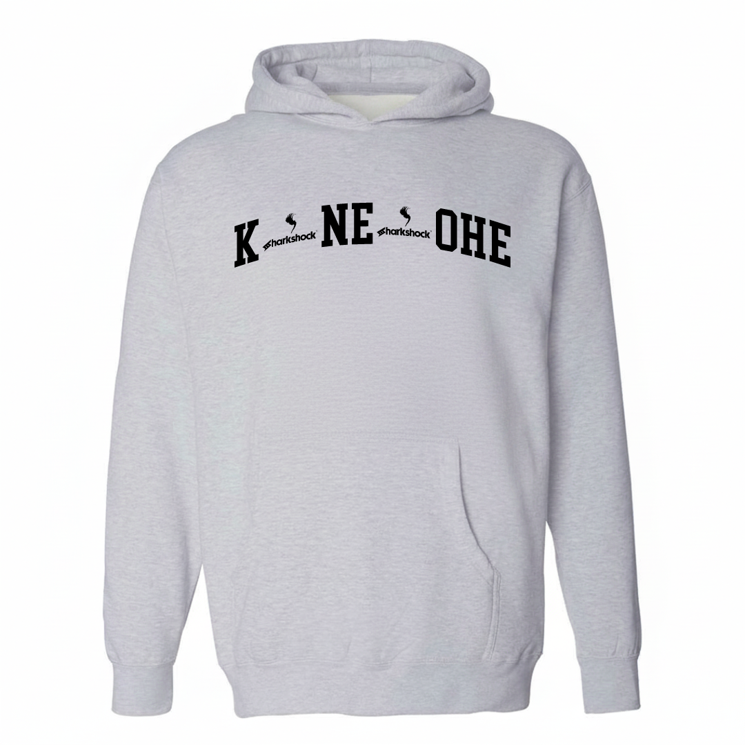 Heather-gray hoodie with the Kāneʻohe arched varsity lettering design on the chest.