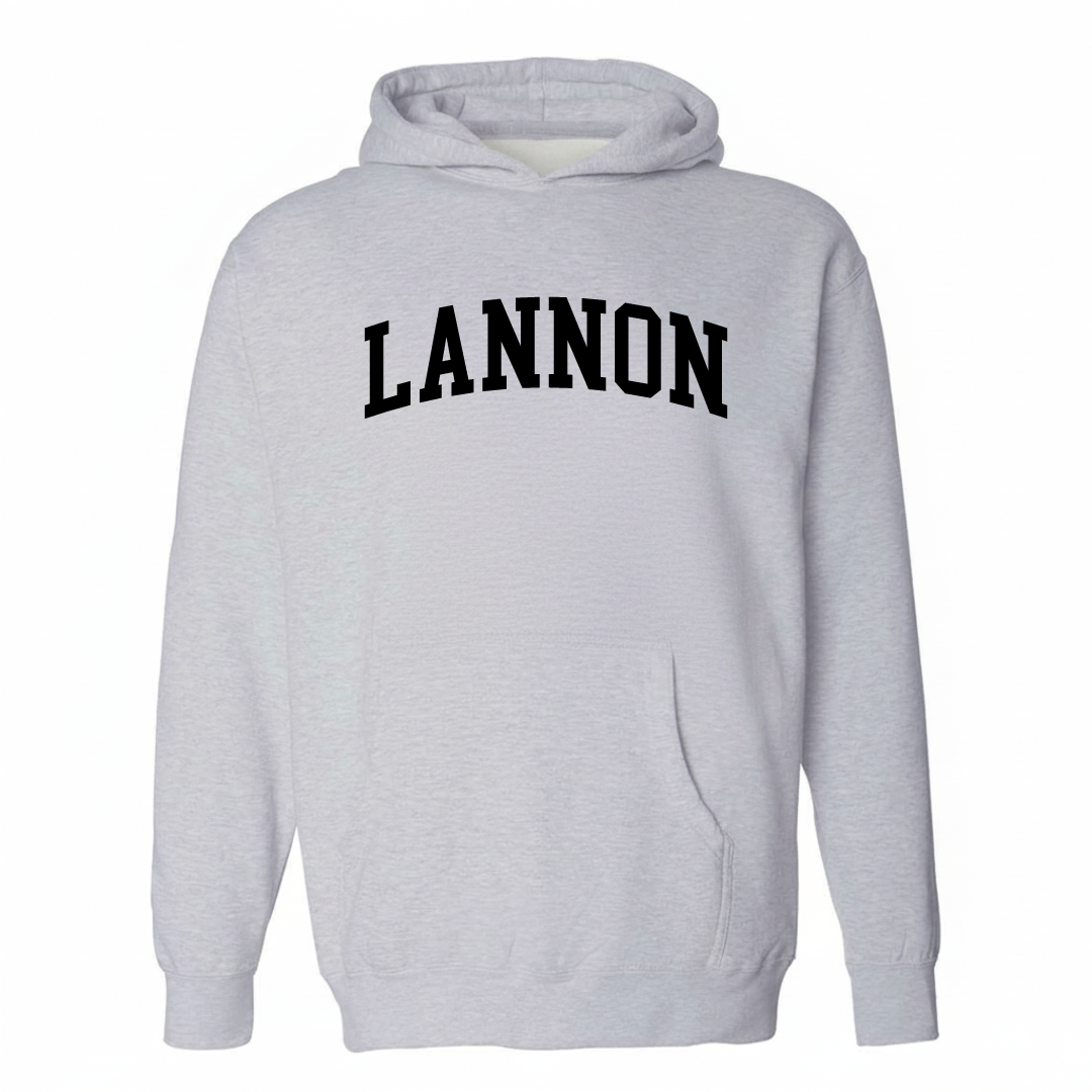 Heather-gray hoodie with the Lannon varsity arched lettering design on the chest.
