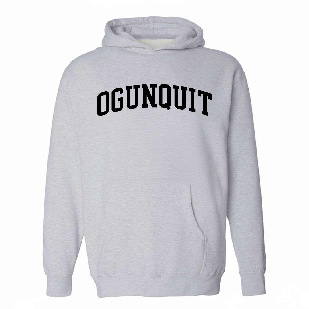 Heather-gray hoodie with the Ogunquit varsity arched lettering design on the chest.