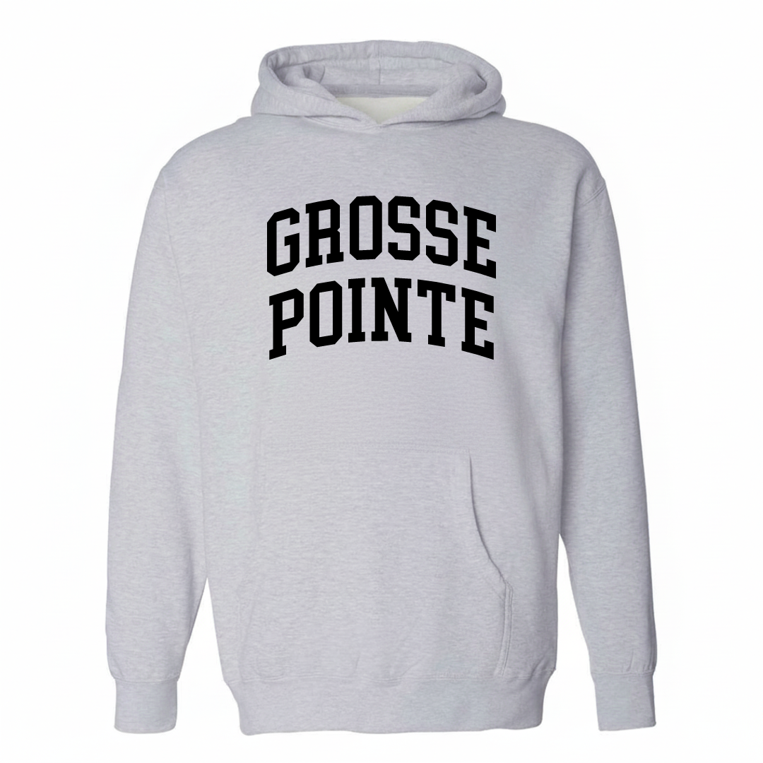 Heather-gray hoodie with the Grosse Pointe varsity arched lettering design on the chest.
