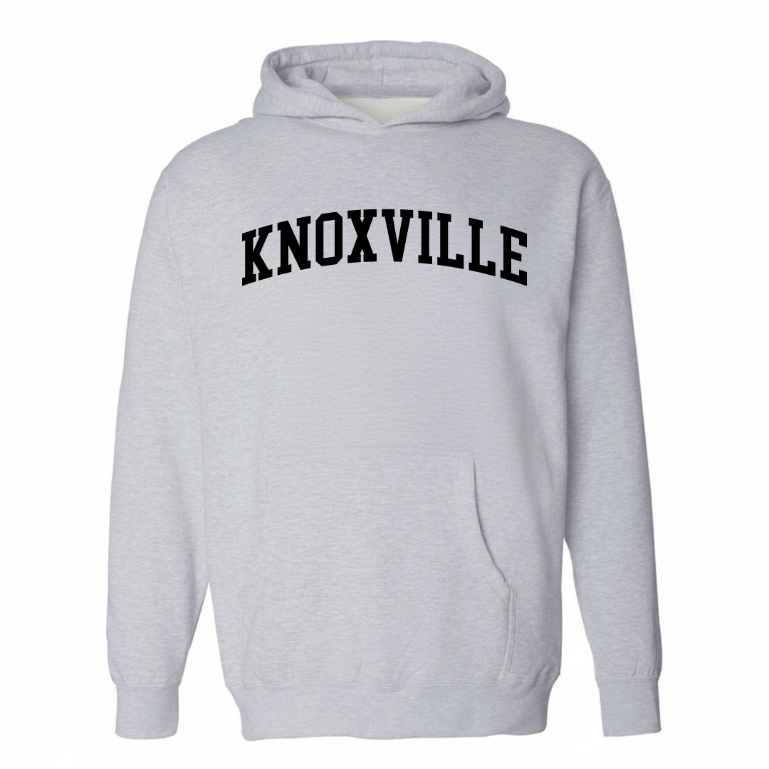 Heather-gray hoodie with the Knoxville varsity arched lettering design on the chest.