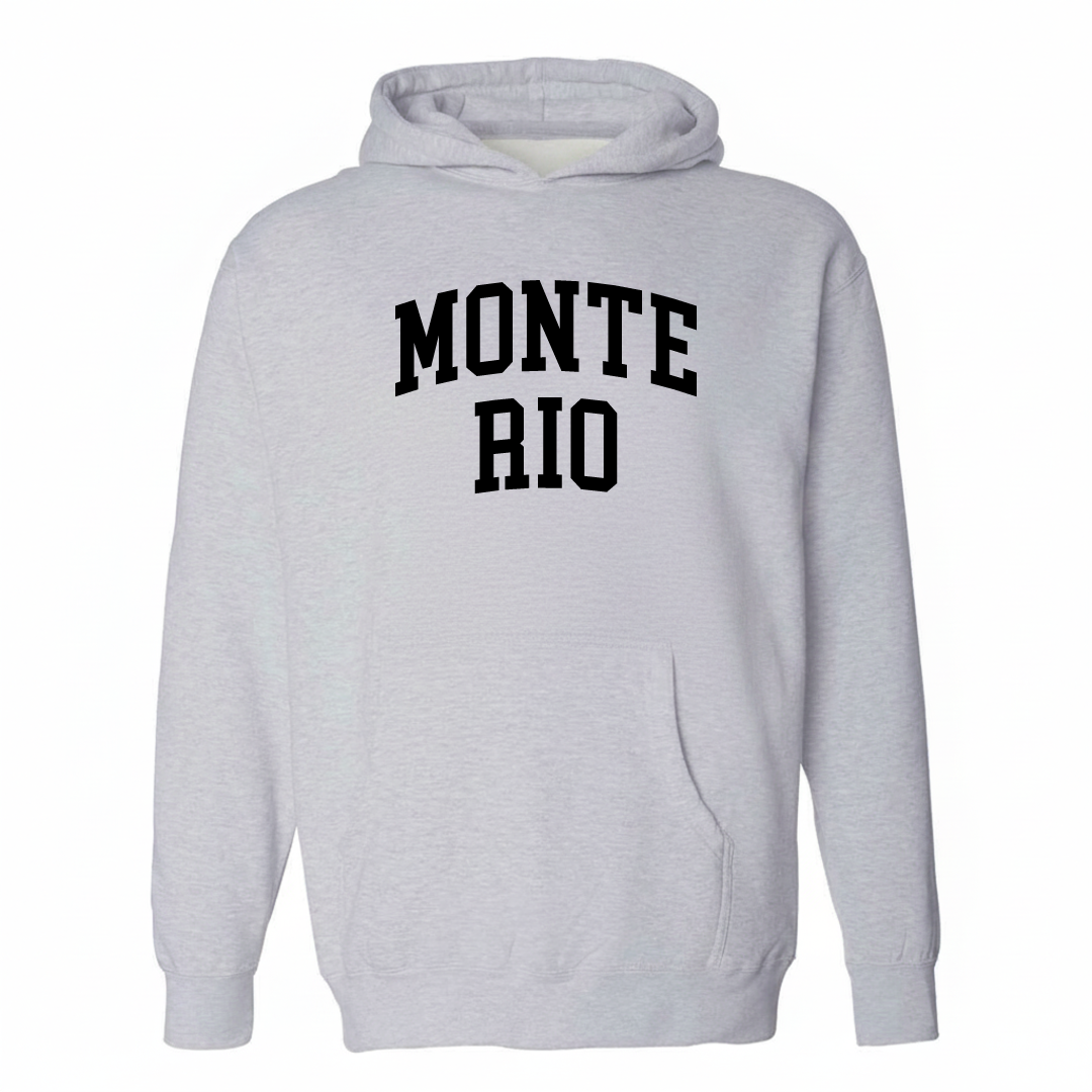 Heather-gray hoodie with the Monte Rio varsity arched lettering design on the chest.