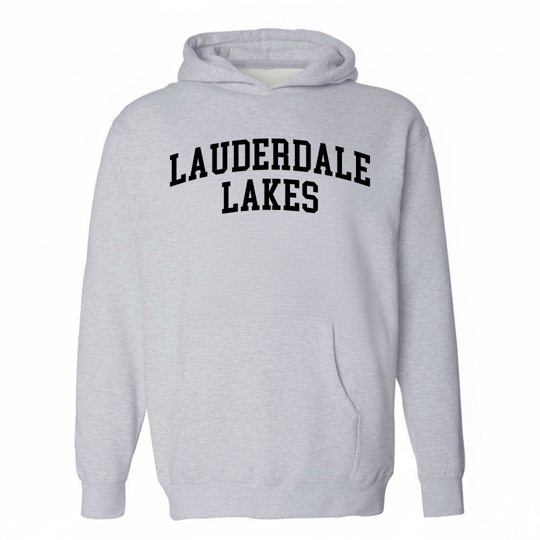 Heather-gray hoodie with the Lauderdale Lakes arched varsity lettering design on the chest.