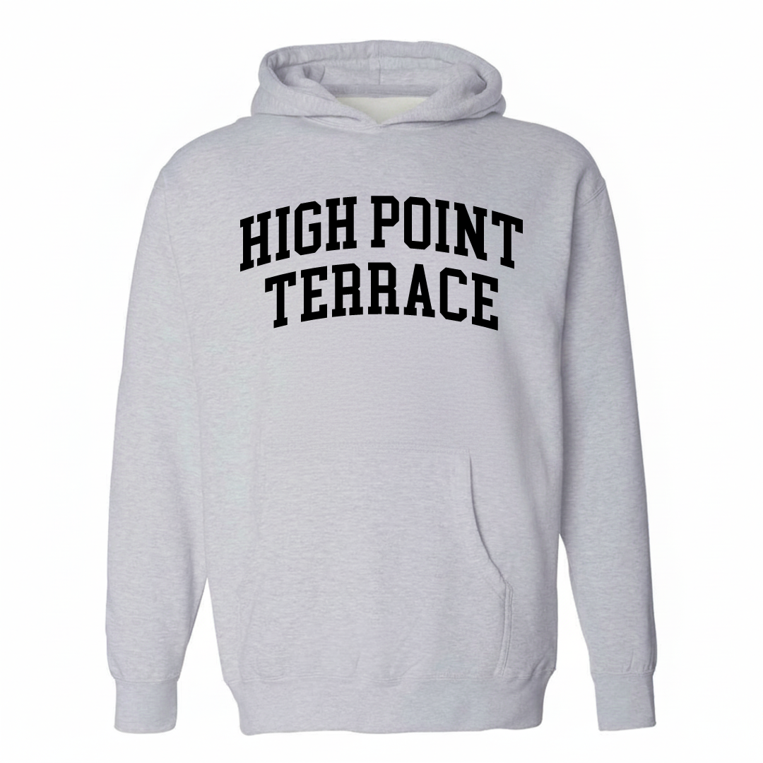 Heather-gray hoodie with the High Point Terrace arched lettering design on the chest.