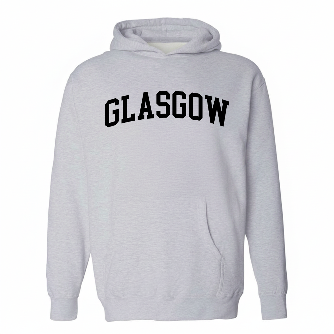 Heather-gray hoodie with the Glasgow, Kentucky varsity arched lettering design on the chest.