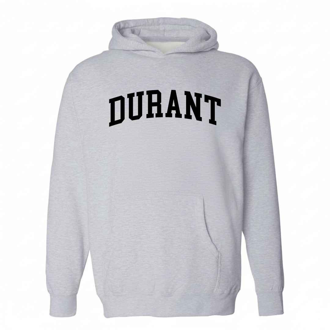 Heather-gray hoodie with the Durant arched lettering varsity-collegiate design on the chest.