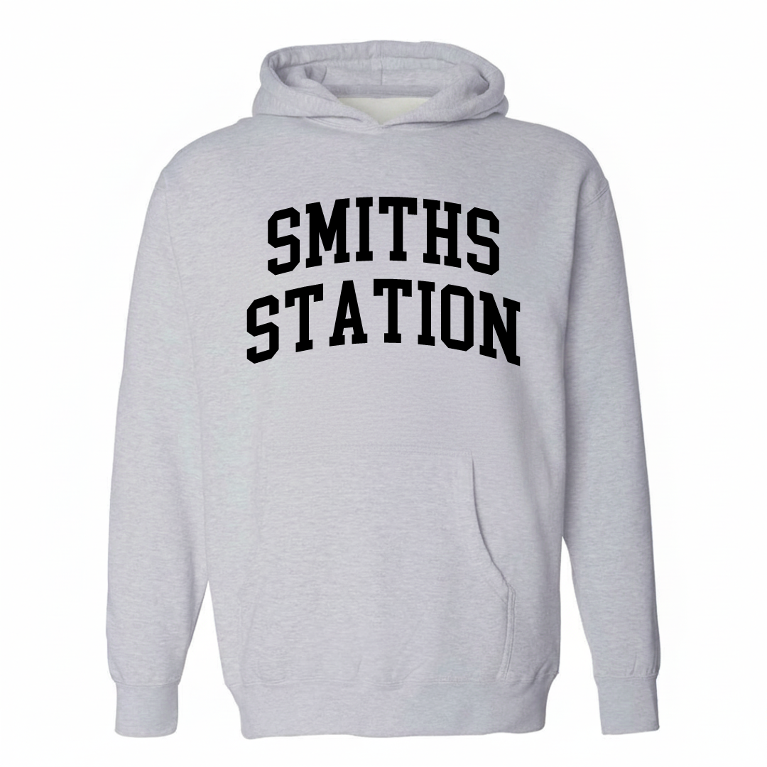 Heather-gray hoodie with the Smiths Station varsity arched lettering design on the chest.