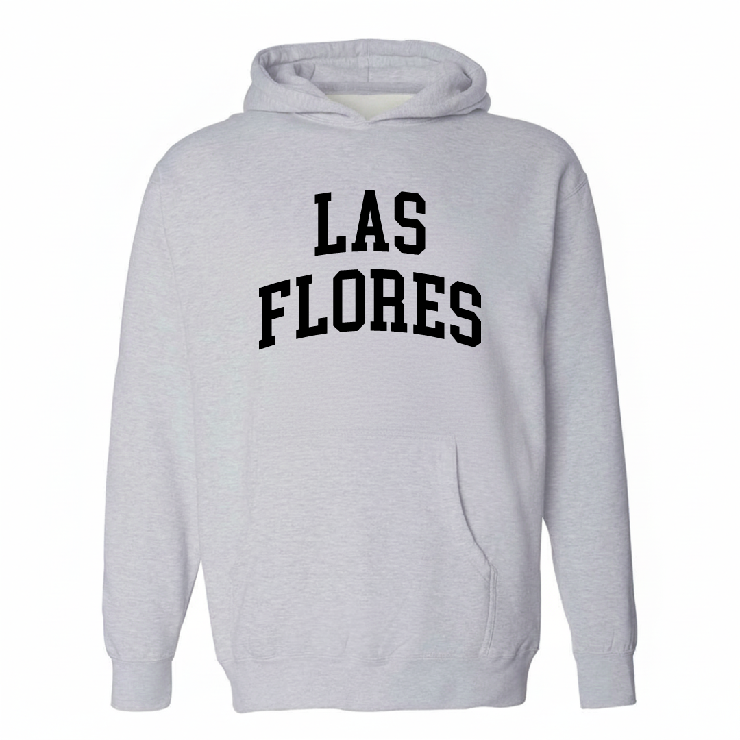 Heather-gray hoodie with the Las Flores arched lettering varsity-collegiate design on the chest.