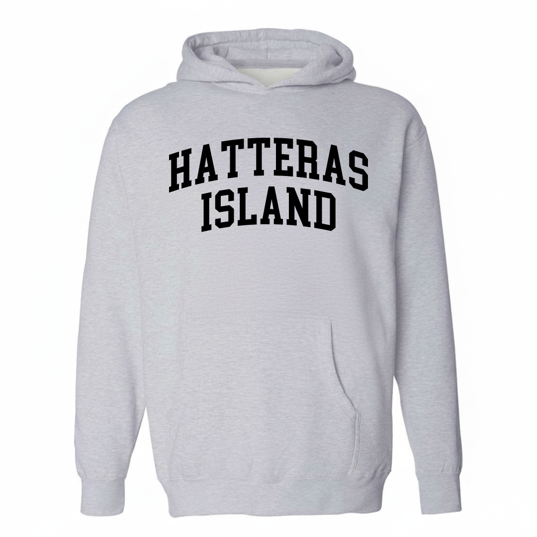 Heather-gray hoodie with the Hatteras Island varsity arched lettering design on the chest.