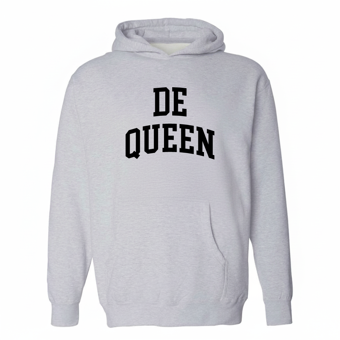Heather-gray hoodie with the De Queen varsity arched lettering design on the chest.