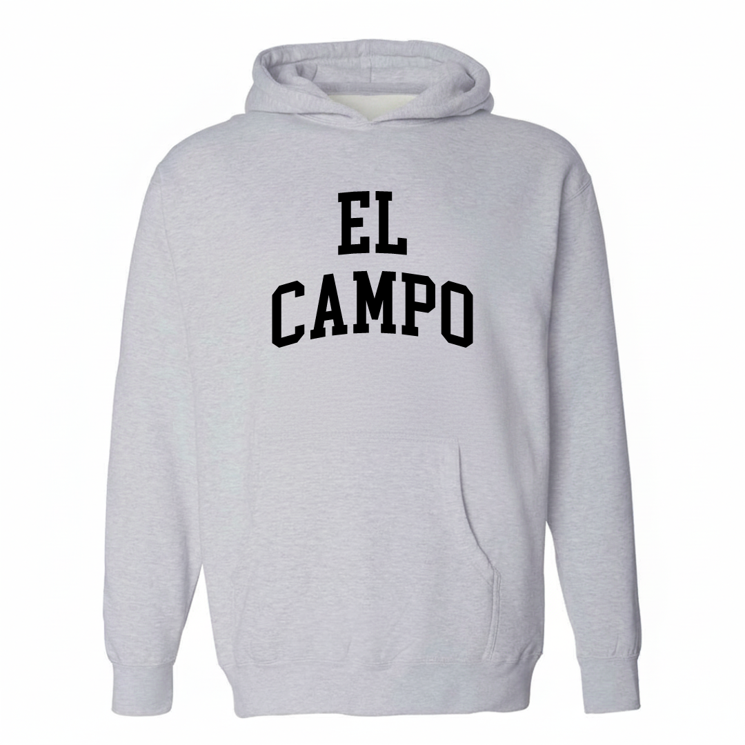 Heather-gray hoodie with the El Campo arched lettering varsity-collegiate design on the chest.