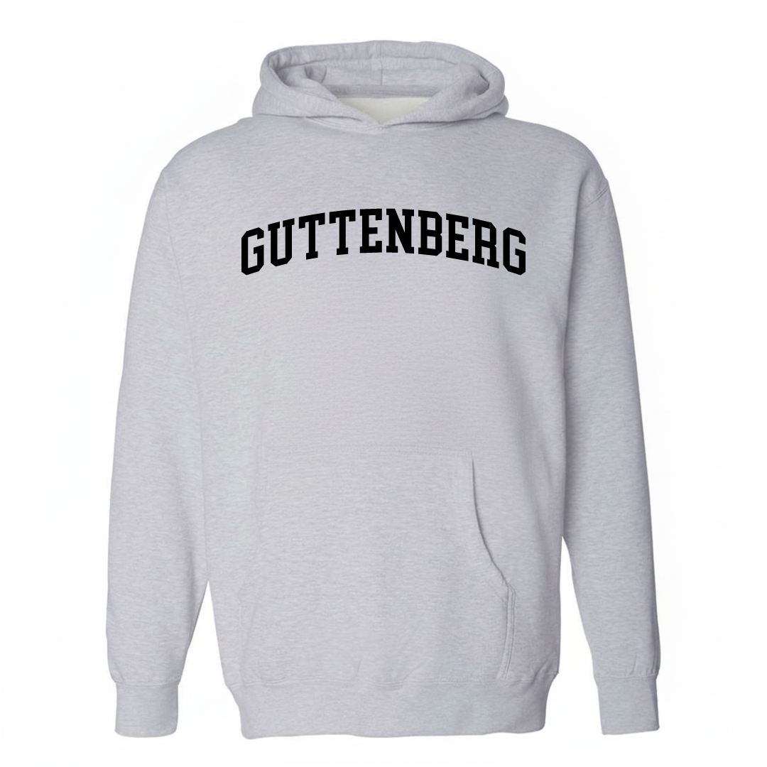 Heather-gray hoodie with the Guttenberg varsity arched lettering design on the chest.