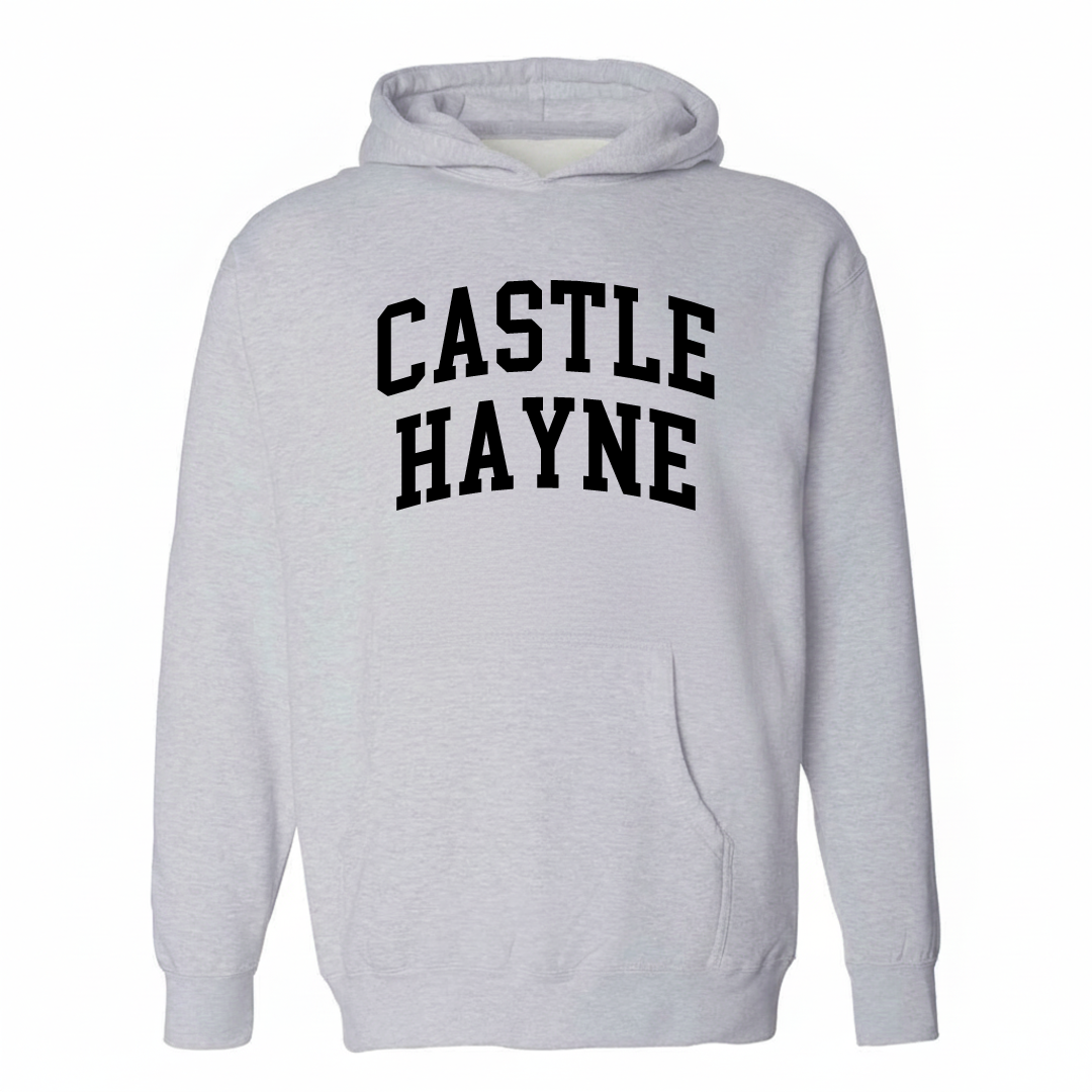 Heather-gray hoodie with the Castle Hayne varsity arched lettering design on the chest.