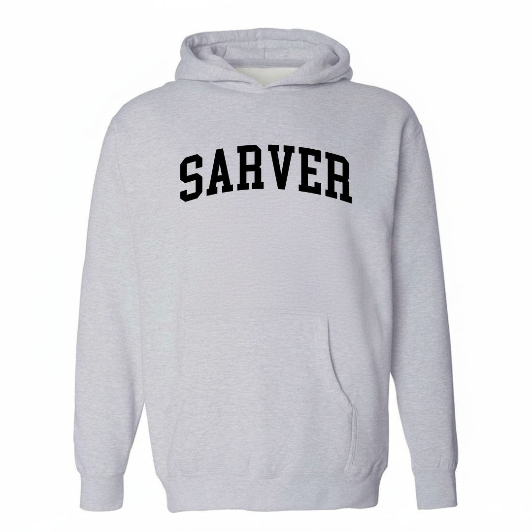 Heather-gray hoodie with the Sarver varsity arched lettering design on the chest.