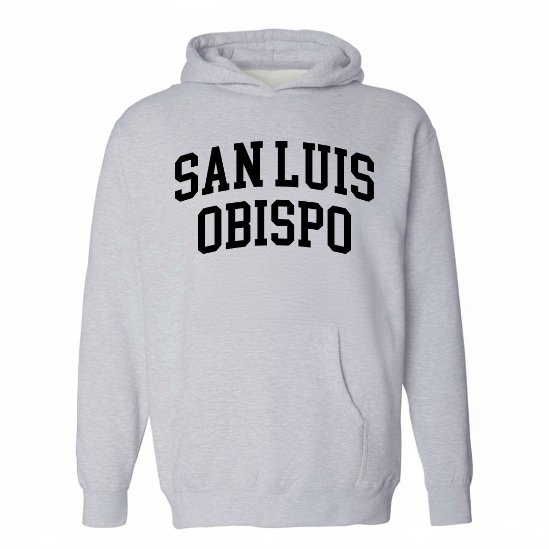 Heather-gray hoodie with the San Luis Obispo varsity arched lettering design on the chest.