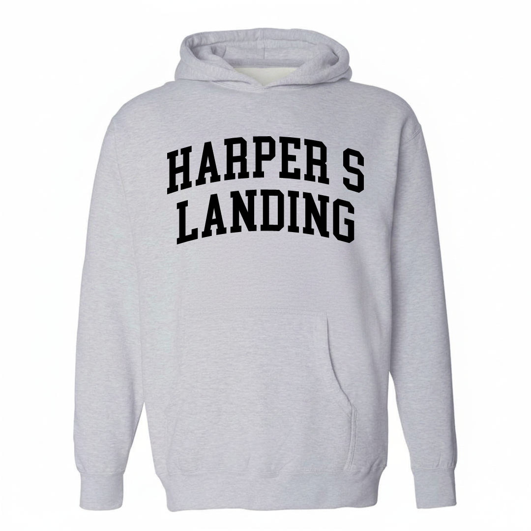 Heather-gray hoodie with the Harper's Landing varsity arched lettering design on the chest.
