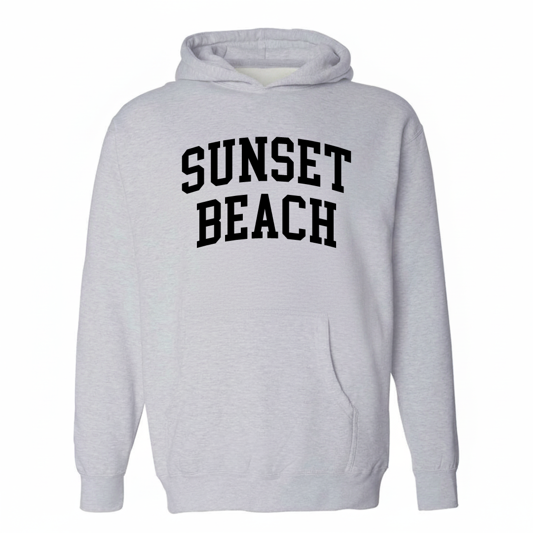 Heather-gray hoodie with the Sunset Beach varsity arched lettering design on the chest.