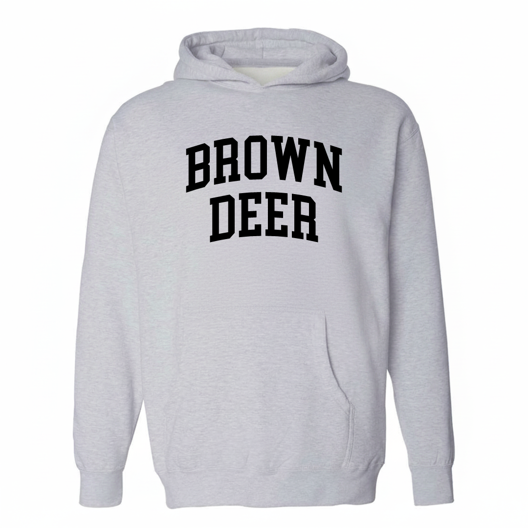 Heather-gray hoodie with the Brown Deer varsity arched lettering design on the chest.