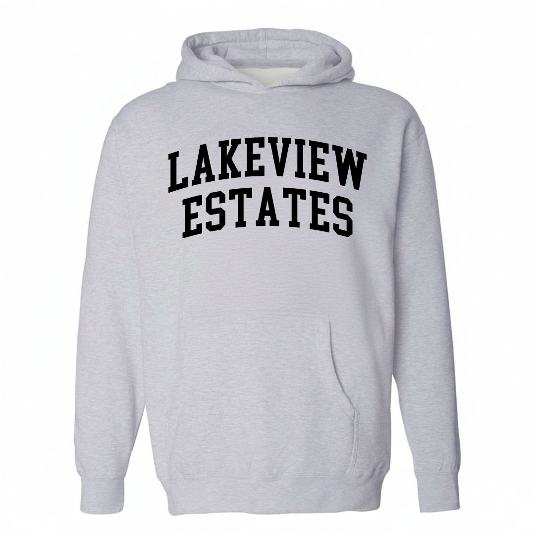 Heather-gray hoodie with the Lakeview Estates varsity arched lettering design on the chest.