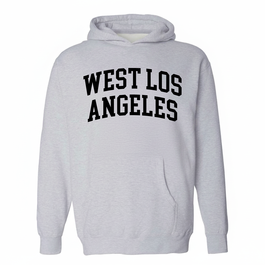 Heather-gray hoodie with the West Los Angeles varsity arched lettering design on the chest.