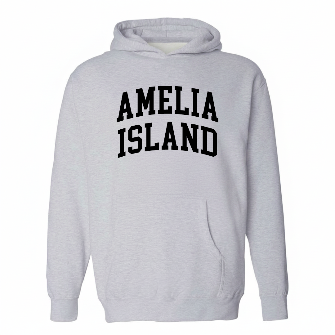 Heather-gray hoodie with the Amelia Island varsity arched lettering design on the chest.